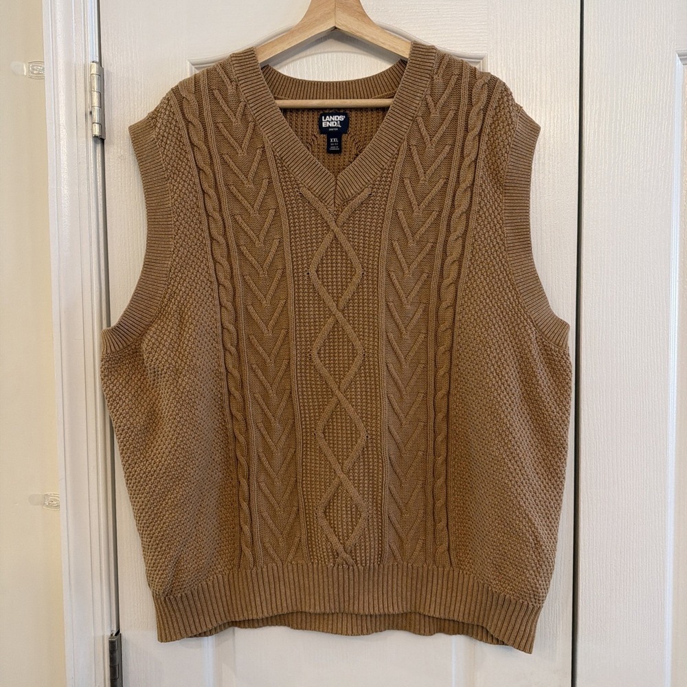 Land's End Men's Drifter Cable Knit Sweater Vest XXL (50-52) Tan 100% Cotton
